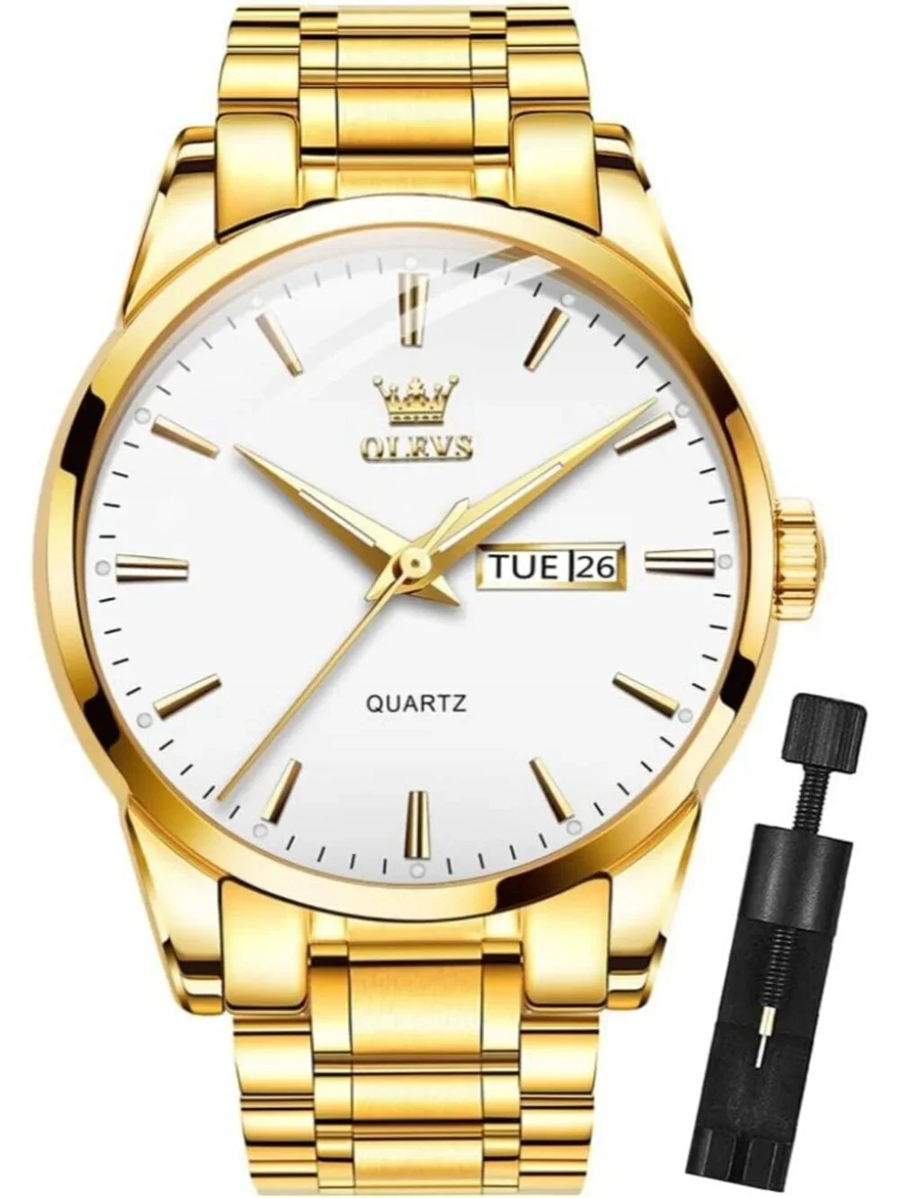 Men's Gold White Analog Quartz Stainless Steel Luxury Luminous Waterproof Watch